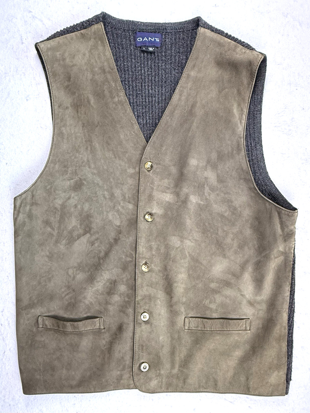 Gant sweater suede vest mens large gray olive Collegiate Professorial Preppy - Picture 1 of 4